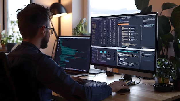 Web Developer Coding on Dual Monitors with Vibrant UIUX Designs