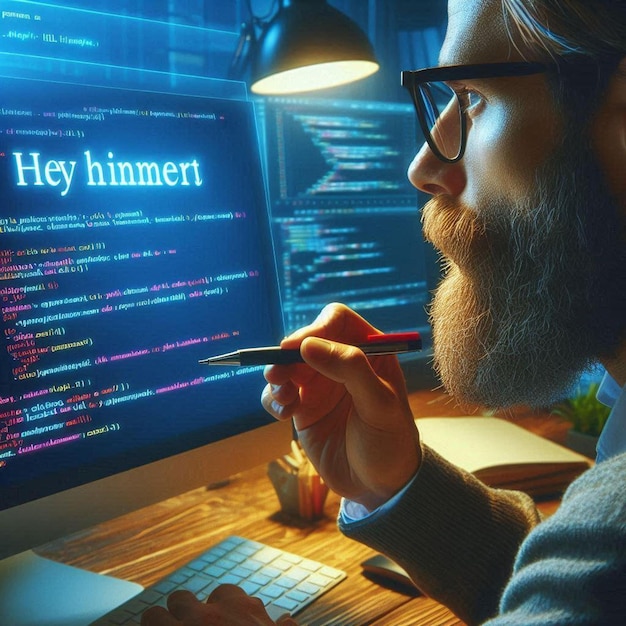 Photo web developer working on a website using html