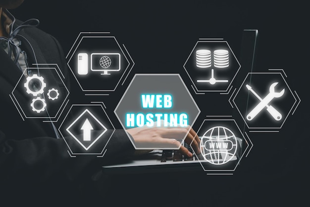 Photo web hosting concept business person using computer with web hosting icon on virtual screen internet business technology and network concept