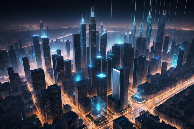 Web network illuminated digital night city cityscape web3 blockchain technology Internet connection generative ai