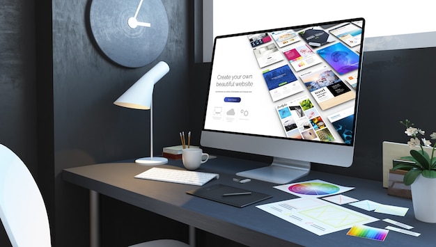 Website builder workplace interior. 3d rendering