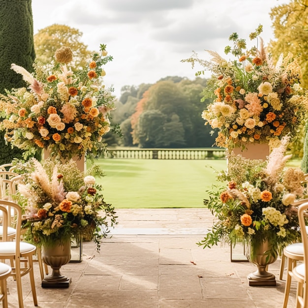 Wedding aisle floral decor and marriage ceremony autumnal flowers and decoration in the English countryside garden autumn country style