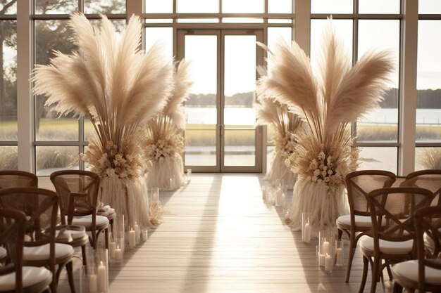 Wedding aisle with pampas grass arrangements