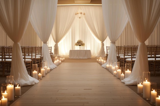 Wedding altar with white drapery and crystal accent