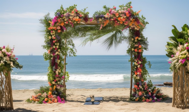 A wedding arch on the beach with flowers on it