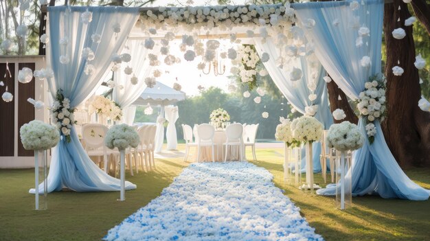 Wedding arch decorated with white flowers and blue fabric in the park