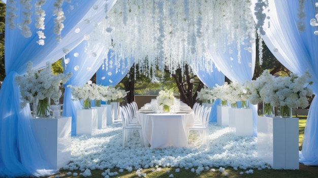 Wedding arch decorated with white flowers Wedding ceremony in the garden