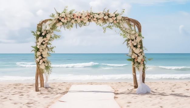 Wedding arch of flowers on the beach of sunny day