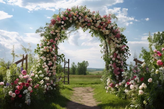 Wedding arch surrounded by field of flowers against a sunny sky