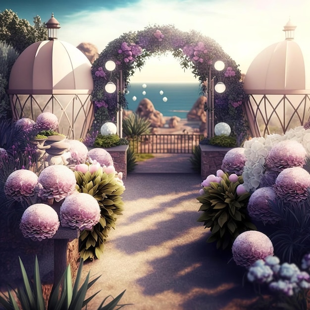 Wedding arch with fresh flower beautiful background generative AI