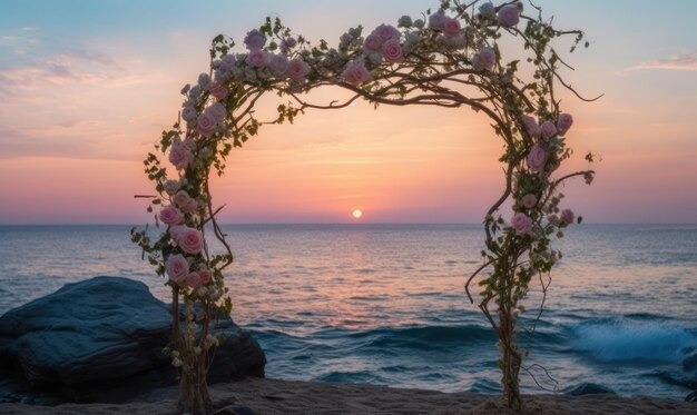 A wedding arch with pink flowers and the sun setting behind it