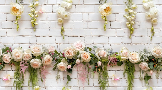 a wedding backdrop adorned with colorful roses hanging from a white brick wall featuring pink orange yellow and red roses with lush greenery vines SEAMLESS PATTERN