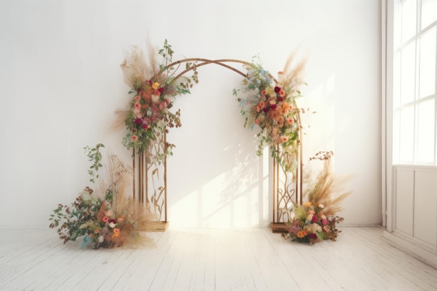 Wedding backdrop aesthetic flower decoration indoor minimalist studio background AI Generated