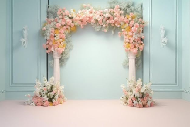 Wedding backdrop aesthetic flower decoration pastel indoor minimalist studio background AI Generated