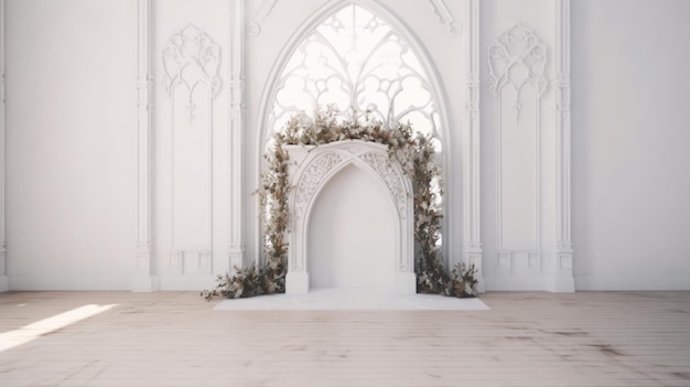 Wedding backdrop aesthetic flower wreath decoration indoor white background AI Generated