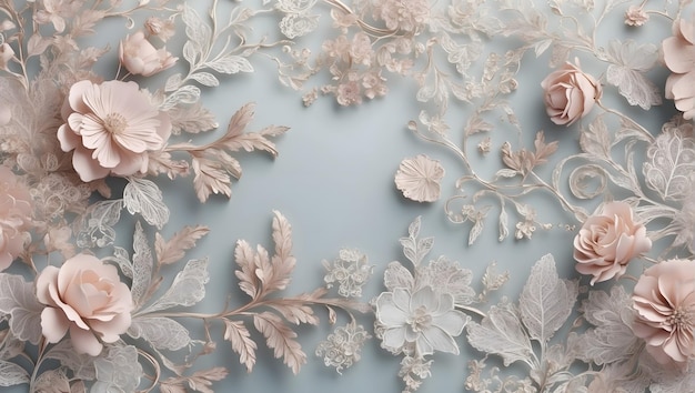 Wedding backdrop wallpaper fabric pattern with intricate lace and floral designs soft pastel color