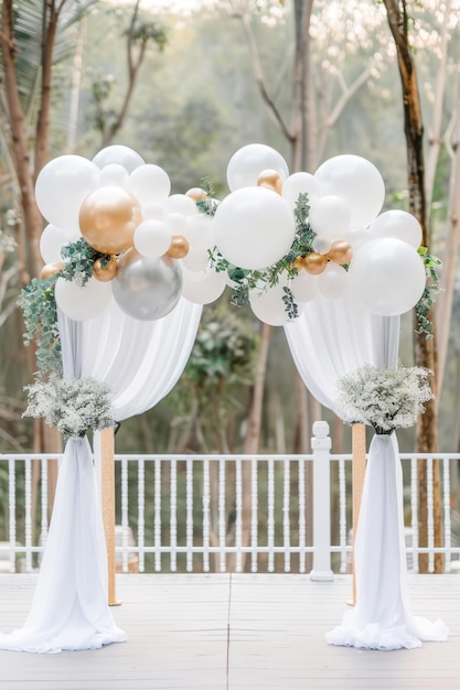 Photo wedding balloon arch grand white and gold balloon arch at outdoor ceremony with scenic sunset