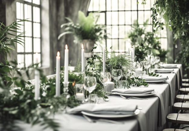 Wedding Banquet hall decorated with flowers and greenery