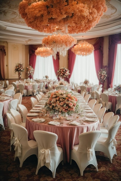 Wedding Banquet Table Decorated with Flowers and Tablecloth