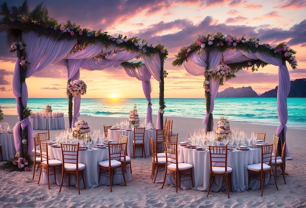 A wedding on the beach with a sunset in the background