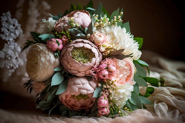 Wedding bouquet for bride with soft pink lush peonies