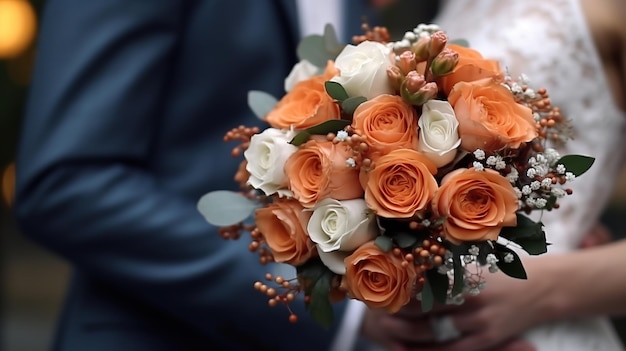 Wedding bouquet in hands of bride and groom in wedding day Closeup Generative AI