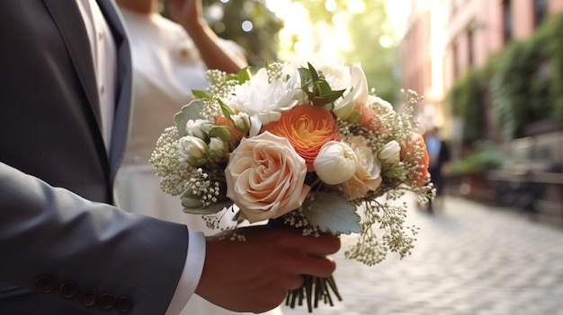 Wedding bouquet in the hands of the bride and groom