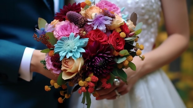 Wedding bouquet in the hands of the bride and groom