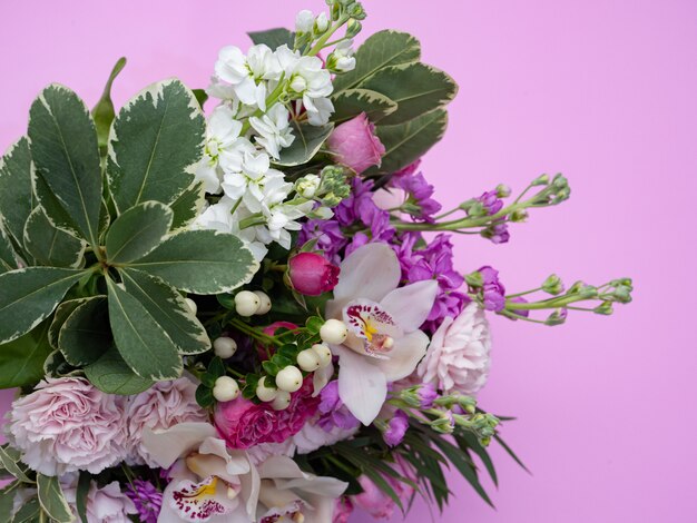 Wedding bouquet of orchids,matiolli, carnations, beautiful delicate flowers.