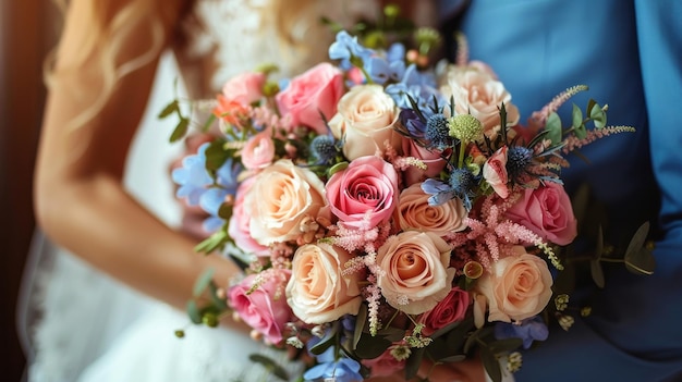 Wedding Bouquet of Pink and Blue Flowers