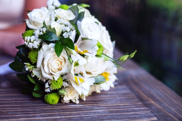 Wedding Bouquet wooden table. 