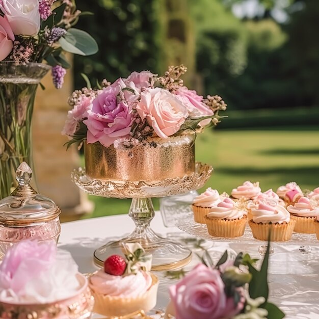 Wedding buffet table event dessert food catering for wedding party and holiday celebration cakes sweets and desserts in a country garden generative ai