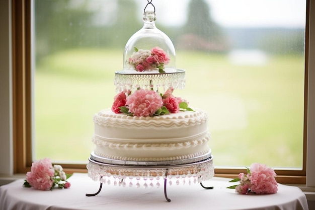 Photo wedding cake display with elegant stand