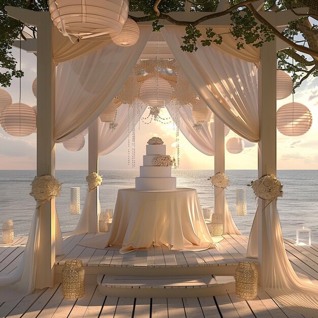 Wedding cake stands on a table in a gazebo decorated with lanterns on the beach