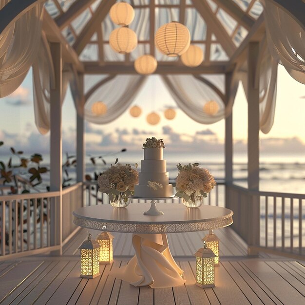 Wedding cake stands on a table in a gazebo decorated with lanterns on the beach