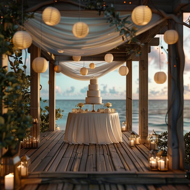 Wedding cake stands on a table in a gazebo decorated with lanterns on the beach