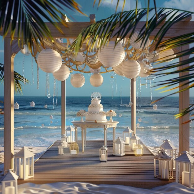 Photo wedding cake stands on a table in a gazebo decorated with lanterns on the beach