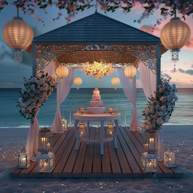 Photo wedding cake stands on a table in a gazebo decorated with lanterns on the beach