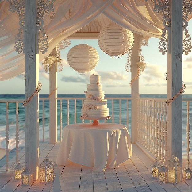 Wedding cake stands on a table in a gazebo decorated with lanterns on the beach