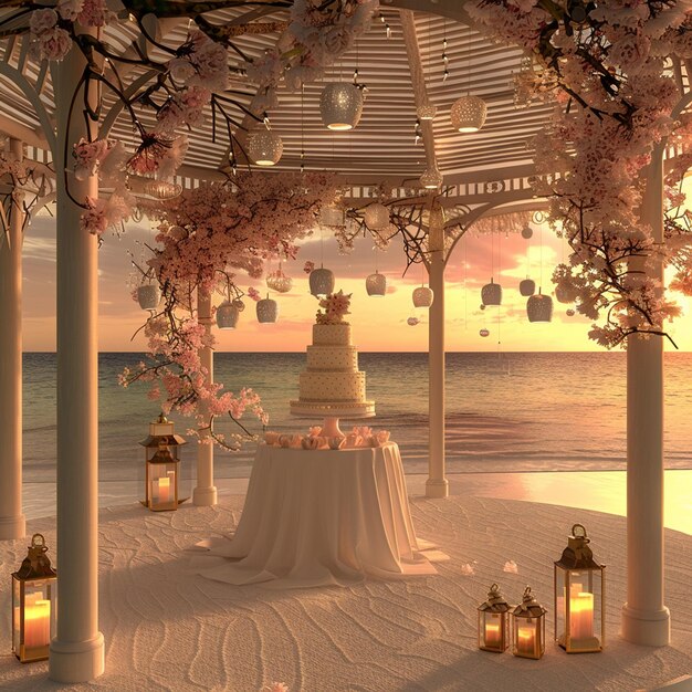 Wedding cake stands on a table in a gazebo decorated with lanterns on the beach