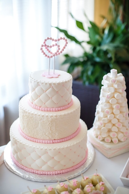 A wedding cake on the table