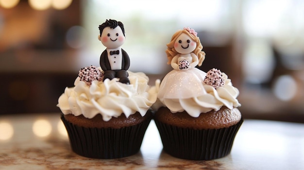 Photo wedding cake with bride and groom and adorned with colorful flowers wedding decoration concept