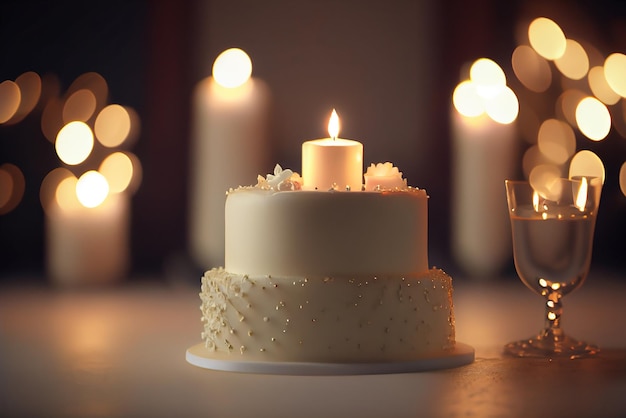 Wedding Cake with candle on plate Illustration Generative AI