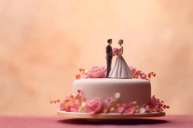 A wedding cake with a couple on top