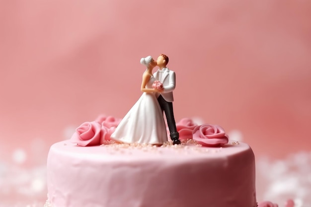 A wedding cake with a couple on top