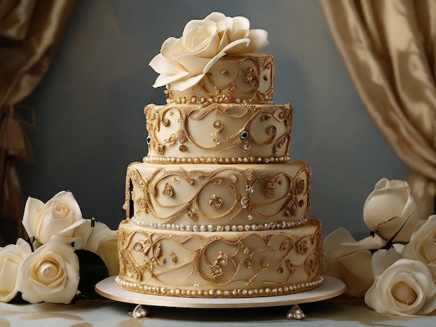 a wedding cake with a flower on the top