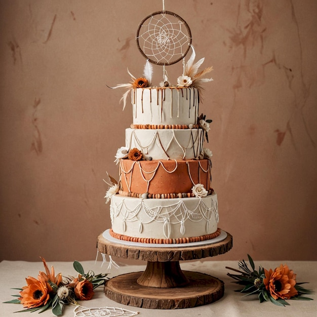 Photo a wedding cake with flowers and a bird on top of it