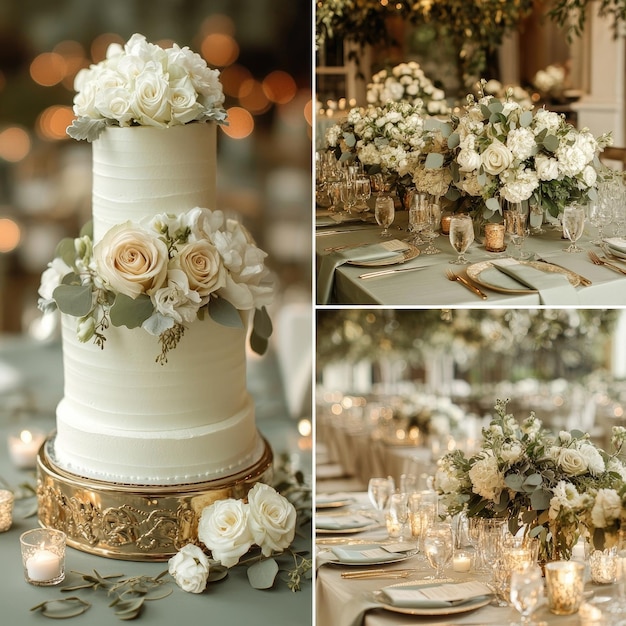 a wedding cake with flowers and candles and flowers on a table