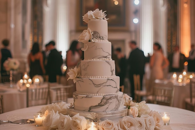 a wedding cake with flowers and candles on a table