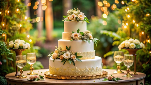 a wedding cake with flowers on it and a couple on the cake